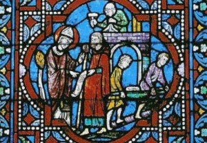 saint-aldric détail d'un vitrail de la cathédrale Saint-Julien